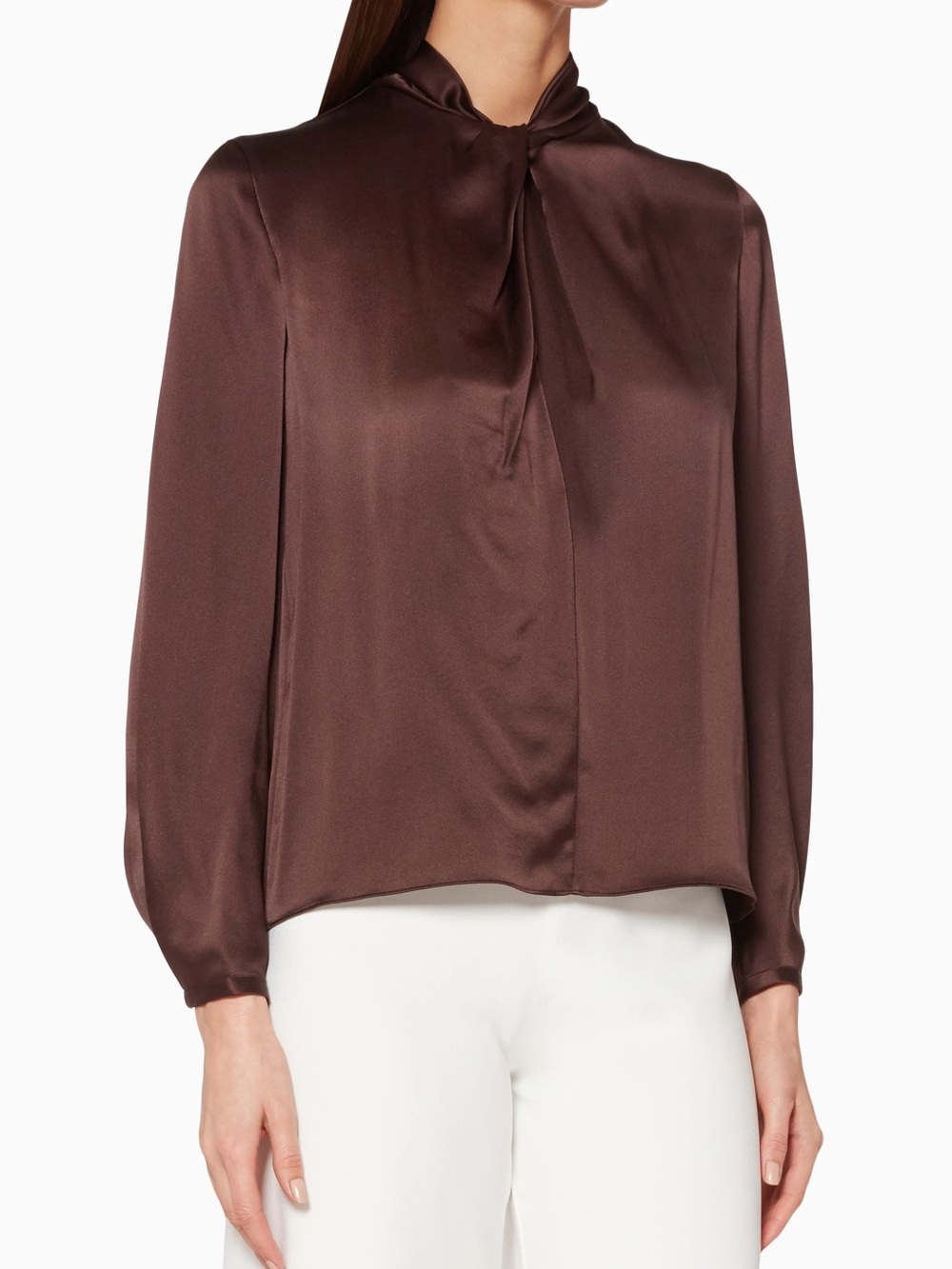 Vince Chocolate Brown Satin-Bow Blouse